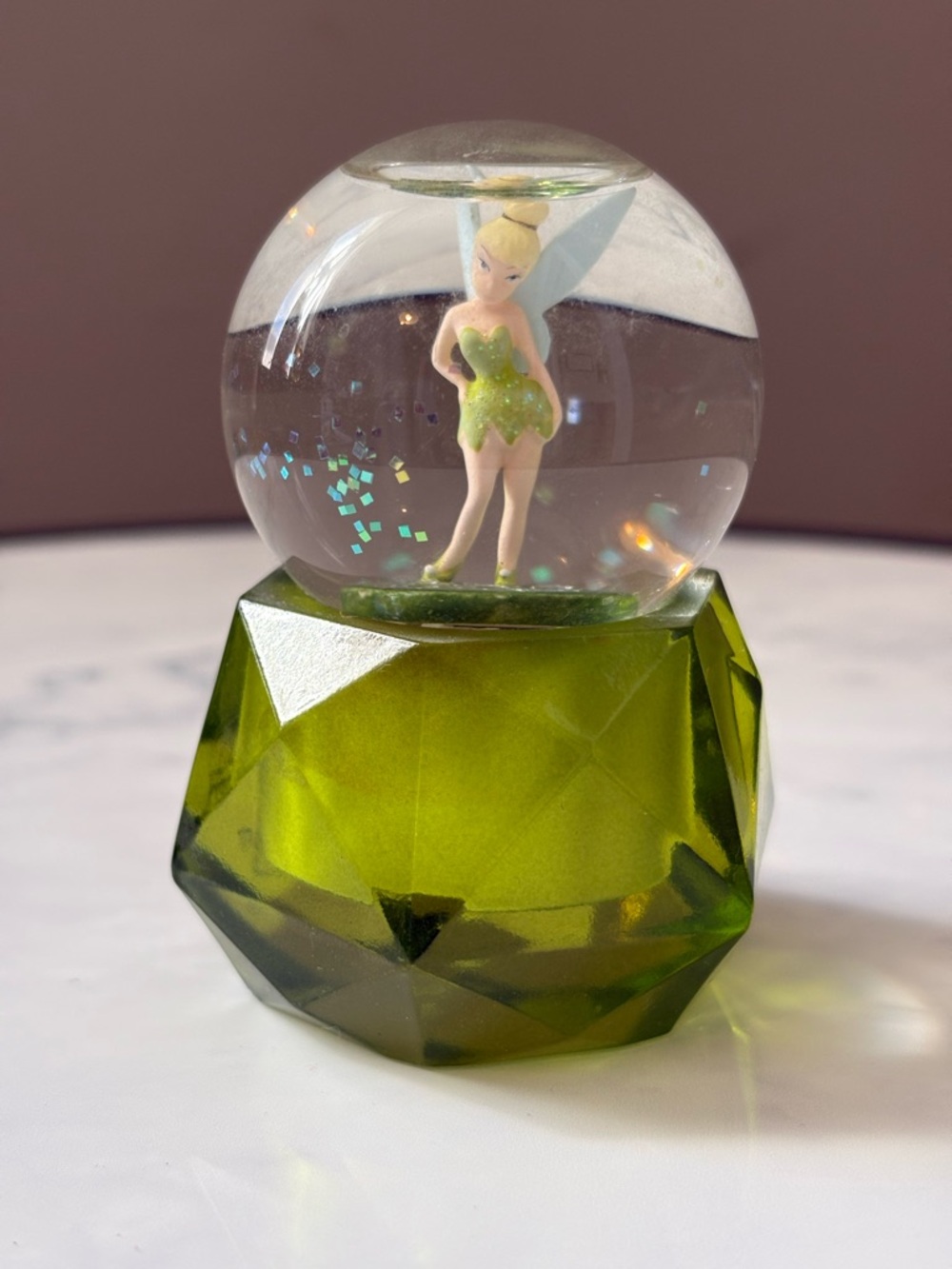 Disney Tinkerbell Fairy Mini Gem Water Glitter Snow Globe 3" Green Peter Pan